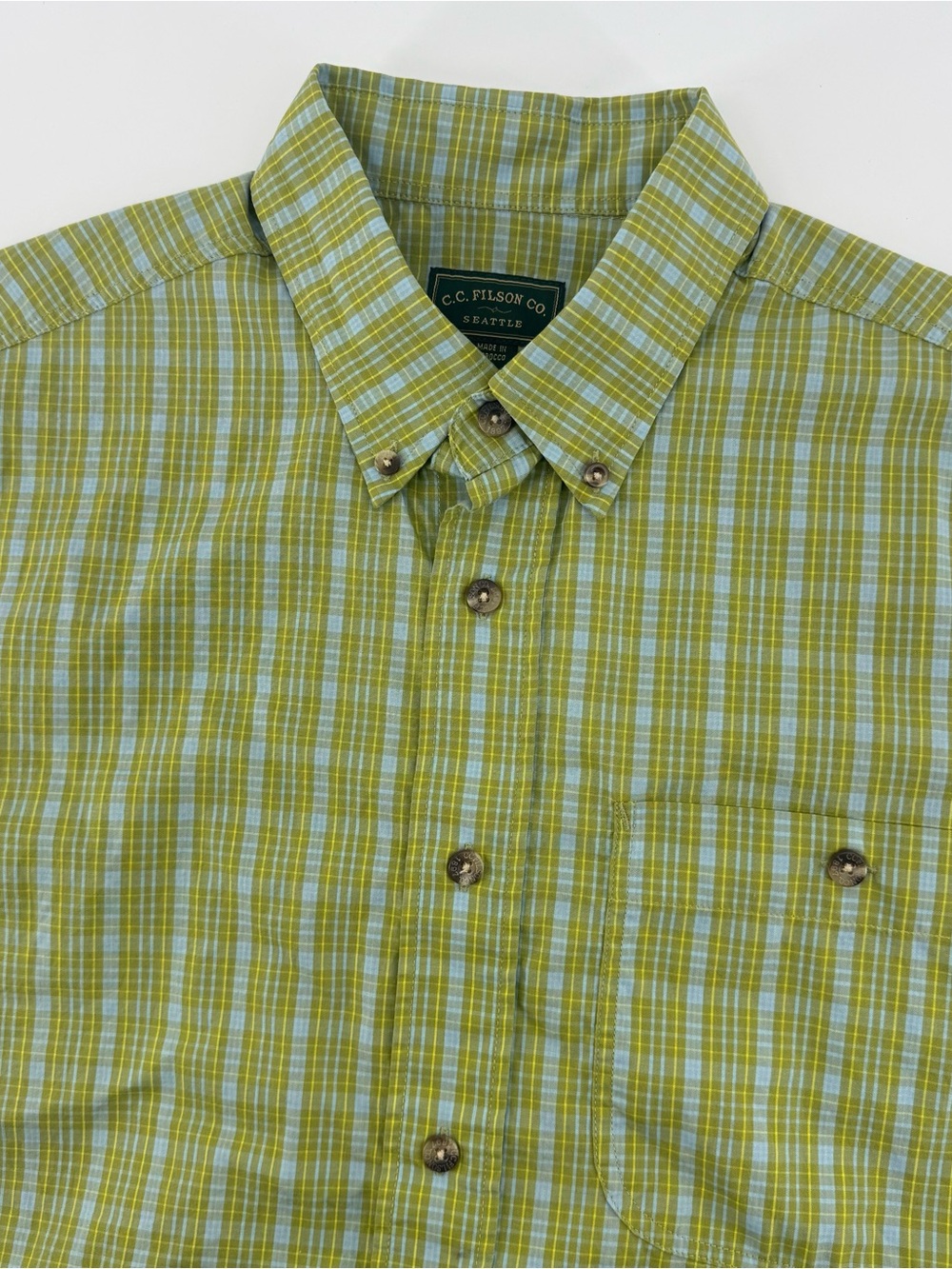 CC Filson Shirt Mens M Green Plaid Button Up Short Sleeve Outdoor Casual Work